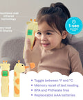 Giraffe Themed No-Touch 3 In 1 Baby And Kids Thermometer For Infants With Quick Forehead Ear And Body Temp Readings, Kid Friendly Design To Keep Toddlers Chill During Temp Checks. Yellow plastic giraffe-shaped thermometer with LCD display, shown near a child