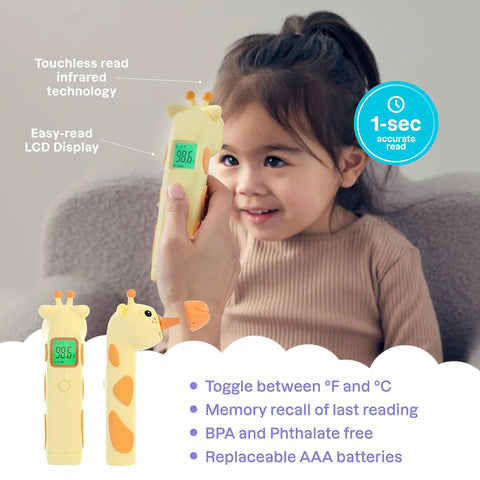 Giraffe Themed No-Touch 3 In 1 Baby And Kids Thermometer For Infants With Quick Forehead Ear And Body Temp Readings, Kid Friendly Design To Keep Toddlers Chill During Temp Checks. Yellow plastic giraffe-shaped thermometer with LCD display, shown near a child