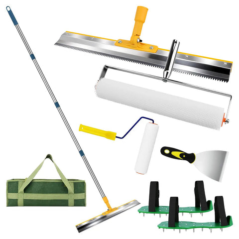 20 Inch Self Leveling Spiked Roller Kit With Telescopic Handle For Epoxy And Concrete Leveling, Includes Spike Shoes, Scraper, And Heavy Duty Canvas Bag