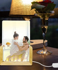 Two Pack Sublimation Night Lights Blank Wood LED Acrylic Photo Frames 4x6 Inch With Warm Light Heat Press Ready on table