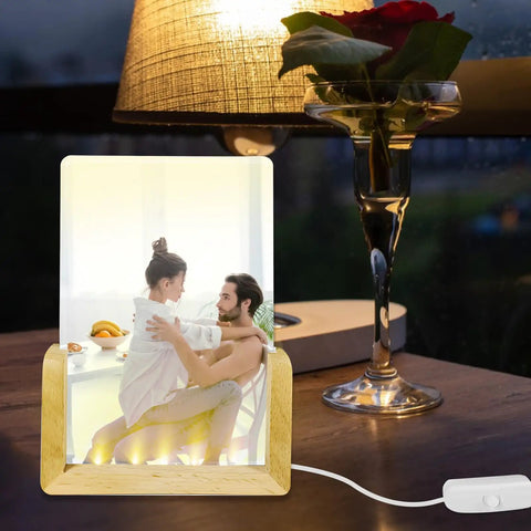 Two Pack Sublimation Night Lights Blank Wood LED Acrylic Photo Frames 4x6 Inch With Warm Light Heat Press Ready on table
