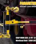 Heavy Duty 2 Pack Ratchet Chain Binders 5/16 To 3/8 Inch shown with measurements and hooks, 5400 Lbs Working Load Limit