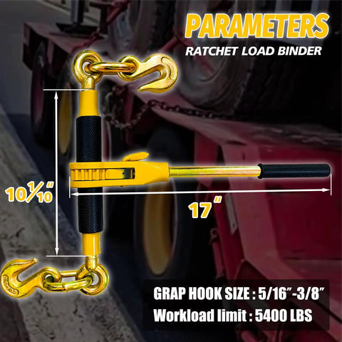 Heavy Duty 2 Pack Ratchet Chain Binders 5/16 To 3/8 Inch shown with measurements and hooks, 5400 Lbs Working Load Limit