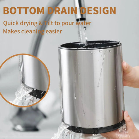 Extra Large Stainless Steel Rotating Utensil Holder For Countertop with bottom drain design for easy cleaning