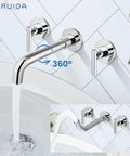 Wall Mounted Widespread Bathroom Sink Faucet With 2 Levers And A 360 Swivel Spout 3 Holes Chrome Finish Solid Brass Construction Brass Rough In Valve Smooth 1.2 GPM Flow Easy Install Vanity Lavatory Mixer Tap