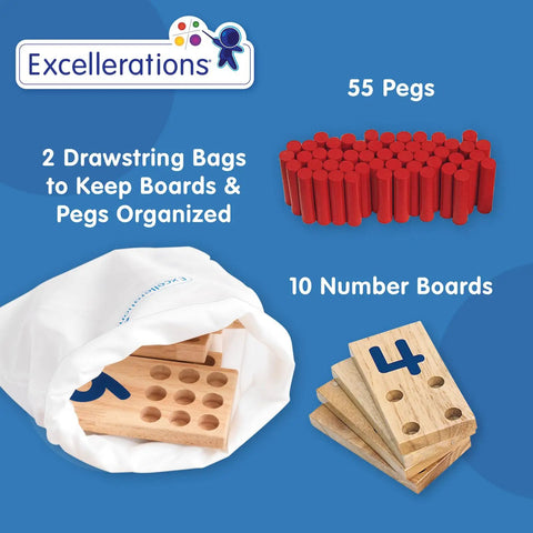 Peg Number Board Set With 10 Rubberwood Boards 55 Wooden Pegs And Storage Bag For Montessori Math Learning