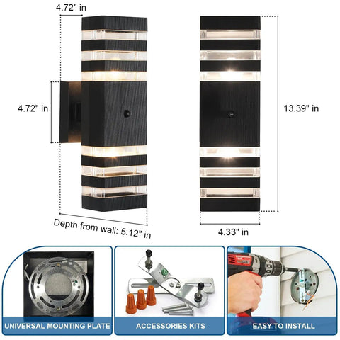 Dusk To Dawn Sensor Outdoor Wall Light Up Down Exterior Fixture Waterproof Black Aluminum Housing for front porch patio or garage uses two E26 bulbs weather resistant no fuss