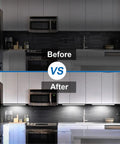 Before and after comparison with Under Cabinet Lighting Kit Six Pack 12 Inch LED Plug In Lights 5000K Daylight 3600LM Super Bright Dimmable Bar Lighting