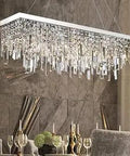 Rectangular K9 Crystal Chandelier With Raindrop Strands Modern Chrome Finish 6 Light Flush Mount Pendant For Dining Room And Kitchen Island