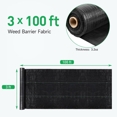 Heavy Duty Weed Barrier Fabric 3ft By 100ft Ground Cover roll, PP woven, 3.2oz, displayed with size and thickness specifications.