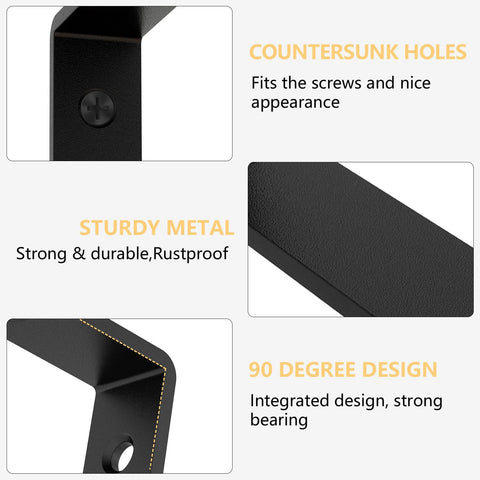 6-Piece L Shelf Brackets feature countersunk holes, sturdy rustproof metal, and a 90-degree design for wooden shelves.