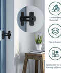 Barn Door Lock With Stainless Steel 90 Degree Right Angle Latch installed on blue door, carbon steel material icons visible