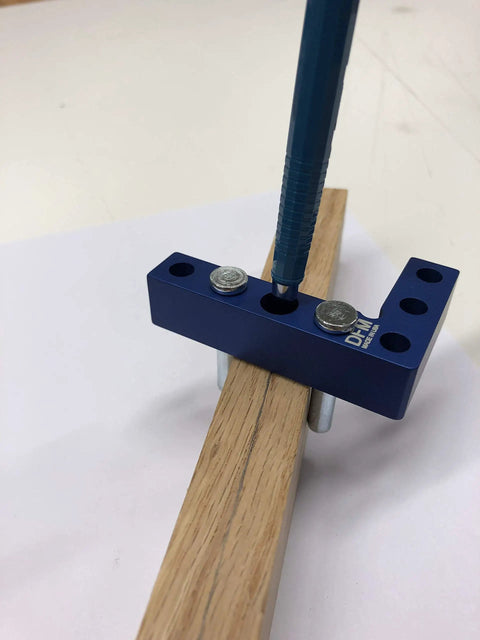 Small Square And Center Finder For Woodworking with pen in 11 32 inch center marking hole, durable blue tool on wood