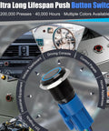 Two Pack 16mm Push Button Switch 12V DC Latching On Off Waterproof LED Blue with Bright Ring, Built Tough Metal Construction, High Visibility, Durable Click Action for Marine, Automotive, DIY Projects on boat dashboard