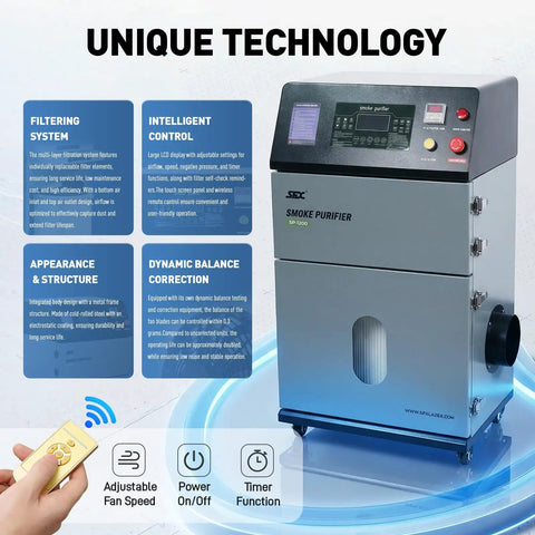Top Shelf 1200W Industrial Smoke Eater Workhorse Pulls Hella Thick Fumes Using 2000 Cubic Meter Per Hour Airflow And Three Stage Deep Cartridge Filtration For Laser Welding 220V smoke purifier with LCD screen controls.