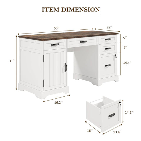 55 Inch Farmhouse Style Computer Desk With Drawers And File Cabinet Built In USB Charging Station White Finish Two Look Black Handle Hardware Cable Management Hole Spacious All In One Home Office Desk dimensions and drawer details