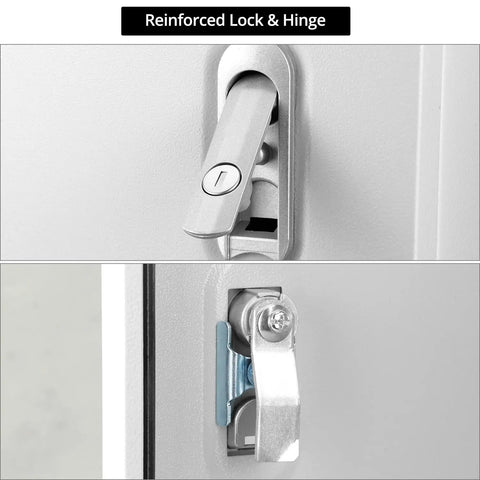 Reinforced lock and hinge close-up for Heavy Duty Carbon Steel Electrical Enclosure 16x12x8 with Nema 4x rating.