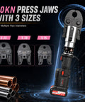 21V Mini Copper Press Tool Electric Pro Battery Powered Handheld Crimping Device with S25, S20, S15 press jaws for various pipe sizes.