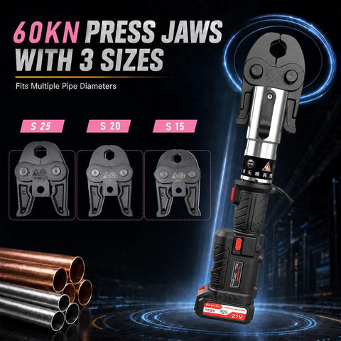Sixty K N Electric Pro Press Tool Is A Fast Mini Power Presser For Plumbing And Crafting. Display of 60kN press jaws in three sizes.