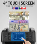 No Sweat Multi Currency Money Counter And Bill Sorter With Touchscreen displays mixed currencies on 4" screen with cash input.