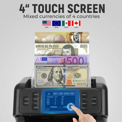 No Sweat Multi Currency Money Counter And Bill Sorter With Touchscreen displays mixed currencies on 4" screen with cash input.