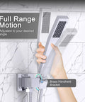 Hand adjusting the handheld shower head of High Pressure 12 Inch Square Rain Shower System With Handheld Shower Wall Mounted Chrome Valve Trim