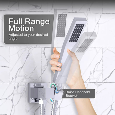 Hand adjusting the handheld shower head of High Pressure 12 Inch Square Rain Shower System With Handheld Shower Wall Mounted Chrome Valve Trim