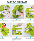 Green button maker machine with 58mm badge parts; collage showing A/B/C mold steps.