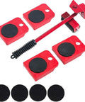 Heavy Duty Furniture Lifter And Mover Tool Set With Roller Steel Movers, includes lifter and four red corner skates for moving furniture