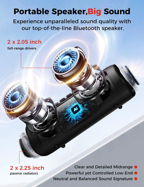 Inside view of Beast Bluetooth Speaker Portable Wireless IPX5 Waterproof With 20 Hour Playtime And TWS Pairing BT5.3, showing drivers and radiators.