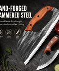 Hand Forged Cleaver And Boning Knife Set With Ergonomic Handles For Meat Veggies And Fruits displayed on a dark surface.