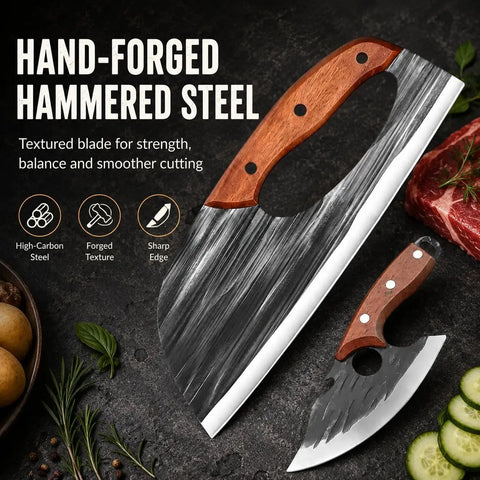 Hand Forged Cleaver And Boning Knife Set With Ergonomic Handles For Meat Veggies And Fruits displayed on a dark surface.
