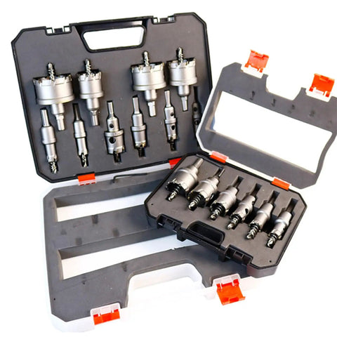 Heavy Duty Carbide Hole Saw Kit With 12 Pcs Tipped Drill Bits For Stainless Steel And Metal Works Perfectly For Tough Jobs At Home Or Job Site, case open