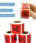 Built Different High Visibility Biohazard Warning Stickers 250 Roll Pack Of Hella Durable Self Adhesive Safety Decals For Medical Labs Clinics And Industrial Sites, showing vinyl waterproof stickers in hand.