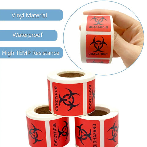 Built Different High Visibility Biohazard Warning Stickers 250 Roll Pack Of Hella Durable Self Adhesive Safety Decals For Medical Labs Clinics And Industrial Sites, showing vinyl waterproof stickers in hand.