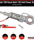 Badass 120V Handheld Power Pipe Threader for Plumbing includes 14-inch pipe wrench and torque arm, features rugged aluminum design.