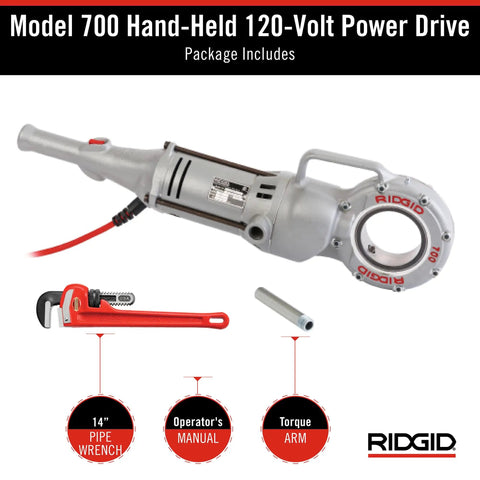 Badass 120V Handheld Power Pipe Threader for Plumbing includes 14-inch pipe wrench and torque arm, features rugged aluminum design.