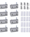 No-Drill Glass Door Pivot Hinge Set for 4-6mm Glass, 4 Pairs, stainless steel clamp hinges, screws, bushings, and spacers viewed from above