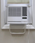 No Tools Tubular Air Conditioner Bracket For Inside Mount, Universal Bracket, Fits Walls Up To 10 Inches Thick, Supports Window Air Conditioners Up To 100 Lbs, Easy Removal For Moving Or Storage, Powder Coated Finish, Fits Around Exterior Trim shown with window AC.
