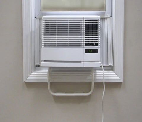 No Tools Tubular Air Conditioner Bracket For Inside Mount, Universal Bracket, Fits Walls Up To 10 Inches Thick, Supports Window Air Conditioners Up To 100 Lbs, Easy Removal For Moving Or Storage, Powder Coated Finish, Fits Around Exterior Trim shown with window AC.