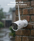 IP66 weatherproof outdoor camera mounted on brick wall, part of 4K Ultra HD Security Camera System With 10 Inch Touch Screen NVR And Four 8MP Outdoor Cameras, 1TB HDD, IP66 Weatherproof, Color Night Vision, Two Way Audio, Motion Detection, 24 7 Recording, All In One No Fuss Kit
