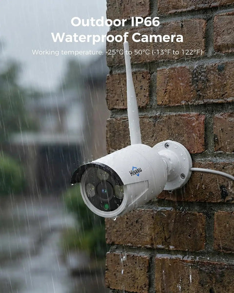 IP66 weatherproof outdoor camera mounted on brick wall, part of 4K Ultra HD Security Camera System With 10 Inch Touch Screen NVR And Four 8MP Outdoor Cameras, 1TB HDD, IP66 Weatherproof, Color Night Vision, Two Way Audio, Motion Detection, 24 7 Recording, All In One No Fuss Kit