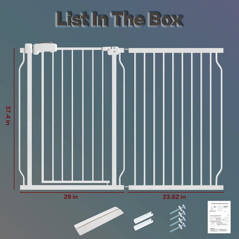 Diagram of Extra Wide Pet Gate For Stairs And Doorways With Walk Through Design, 37.4 Inches Tall, Pressure Mounted Safety Gate, shown with dimensions.