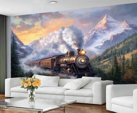 Epic Steam Train Wall Mural With 3D Mountain Landscape, Retro Locomotive Adventure Theme For Living Room, Silk Cloth Wallpaper