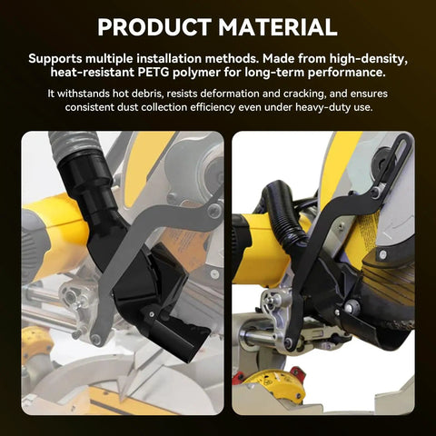 5 In 1 Miter Saw Dust Collection Adapter And Vacuum Hose Connector Pro Grade Upgrade For DWS709 DW718 DWS779 DWS780 DWS782 DHS790 For A Clean Dust Busting Setup installed on saw with PETG polymer construction