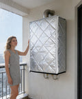Outdoor Tankless Water Heater Cover With Weatherproof Protection IPX4 Waterproof Rating, Size 13.8x7.9x22.4 Inches installed on balcony