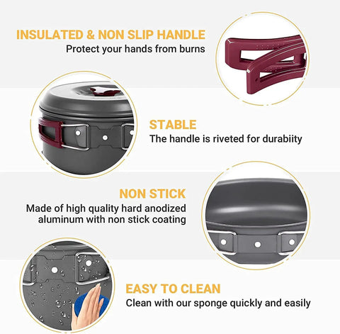Durable Camping Cookware Set With Nonstick Hard Anodized Aluminum Pots And Pans Mess Kit features nonstick surface and non-slip handles