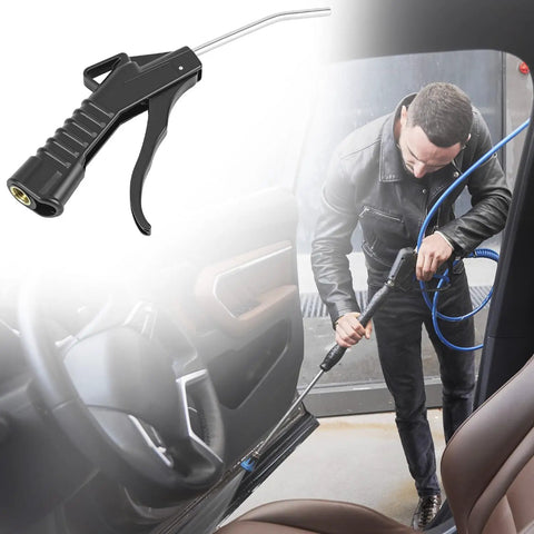 Eight Piece Heavy Duty Pistol Grip Air Blower Gun With Angled Nozzle For Kicking Up Dust And Grime In The Shop Or House being used for detailed car cleaning.