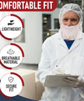 Man wearing Disposable Beard And Hair Net Kit For Food Service And Kitchen, Full Face Bouffant Hood Caps, holding clipboard, white
