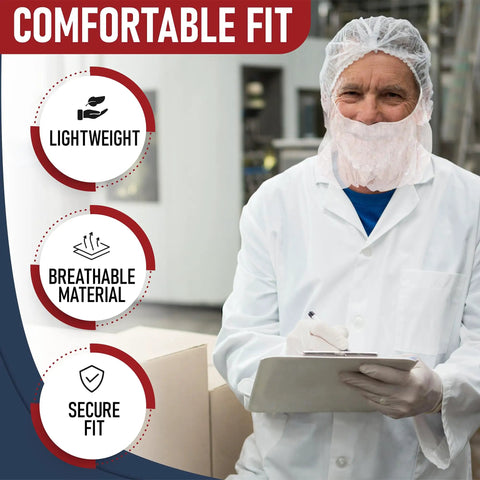 Man wearing Disposable Beard And Hair Net Kit For Food Service And Kitchen, Full Face Bouffant Hood Caps, holding clipboard, white
